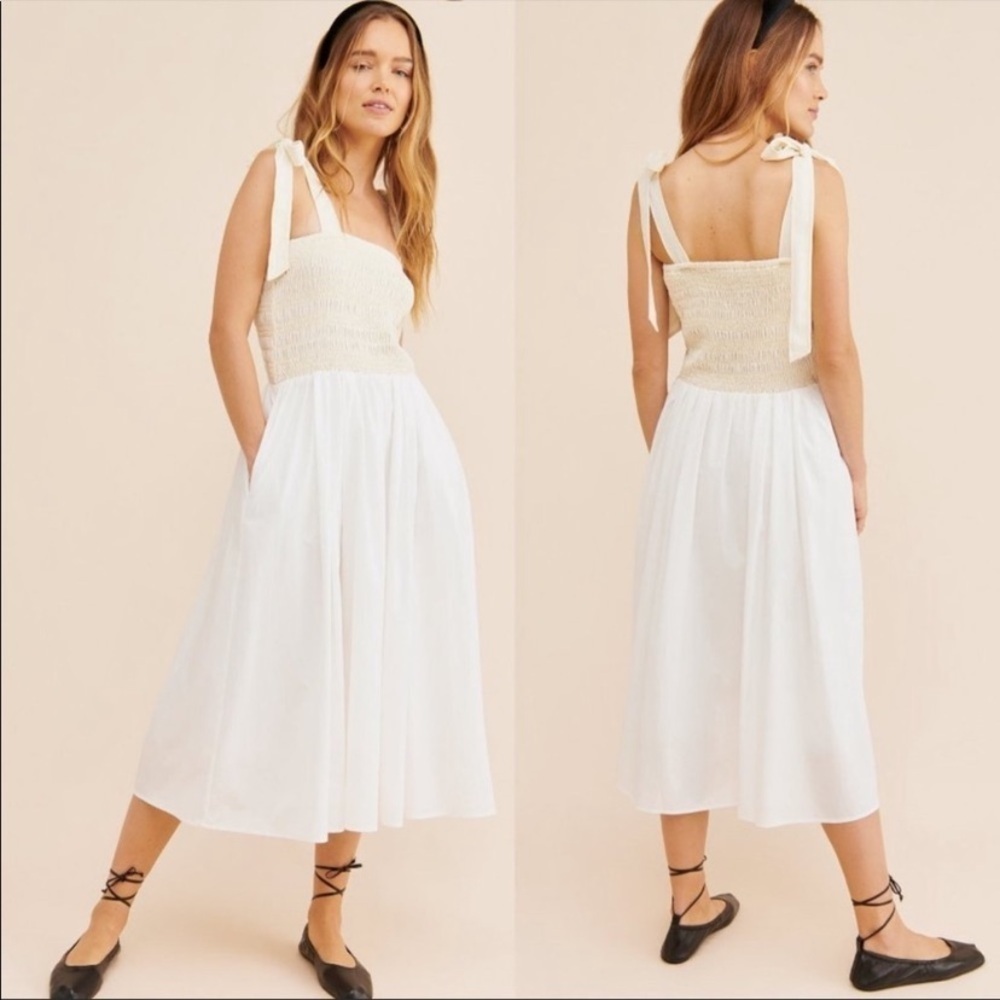 KOURT Drew Midi Dress Smocked Yellow White Bodice Tie Strap Summer Cottagecore